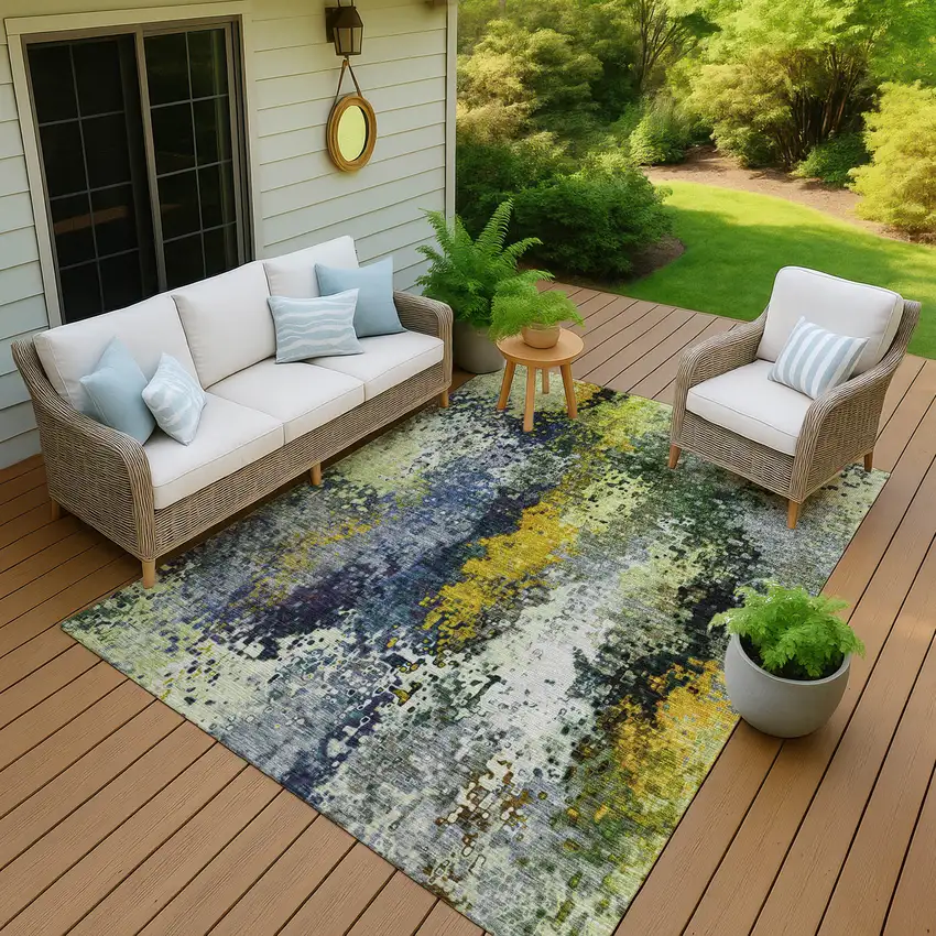 Green Gold And Charcoal Abstract Washable Indoor Outdoor Area Rug Photo 6