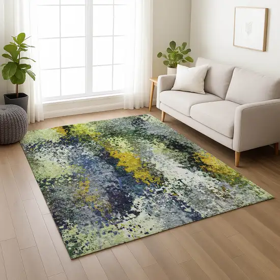 Green Gold And Charcoal Abstract Washable Indoor Outdoor Area Rug Photo 8