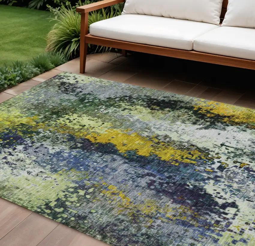 Green Gold And Charcoal Abstract Washable Indoor Outdoor Area Rug Photo 1
