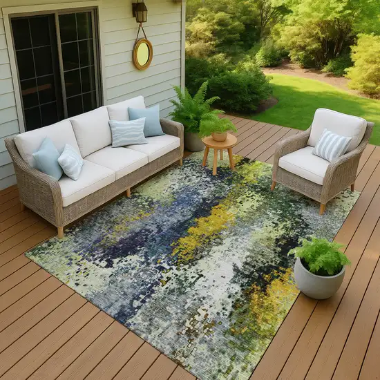 Green Gold And Charcoal Abstract Washable Indoor Outdoor Area Rug Photo 7