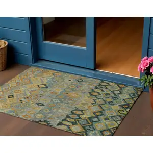 Photo of Green Gold And Copper Geometric Washable Indoor Outdoor Area Rug