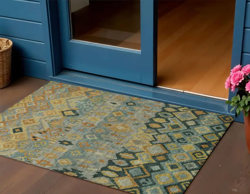 Green Gold And Copper Geometric Washable Indoor Outdoor Area Rug Photo 1