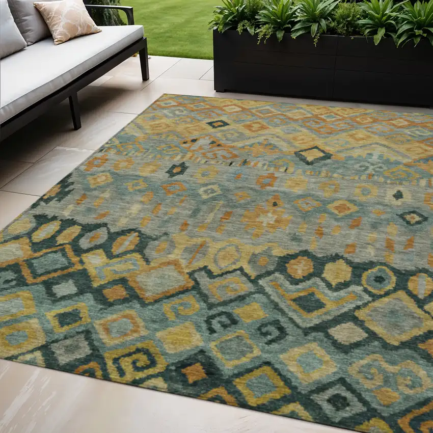 Green Gold And Copper Geometric Washable Indoor Outdoor Area Rug Photo 1