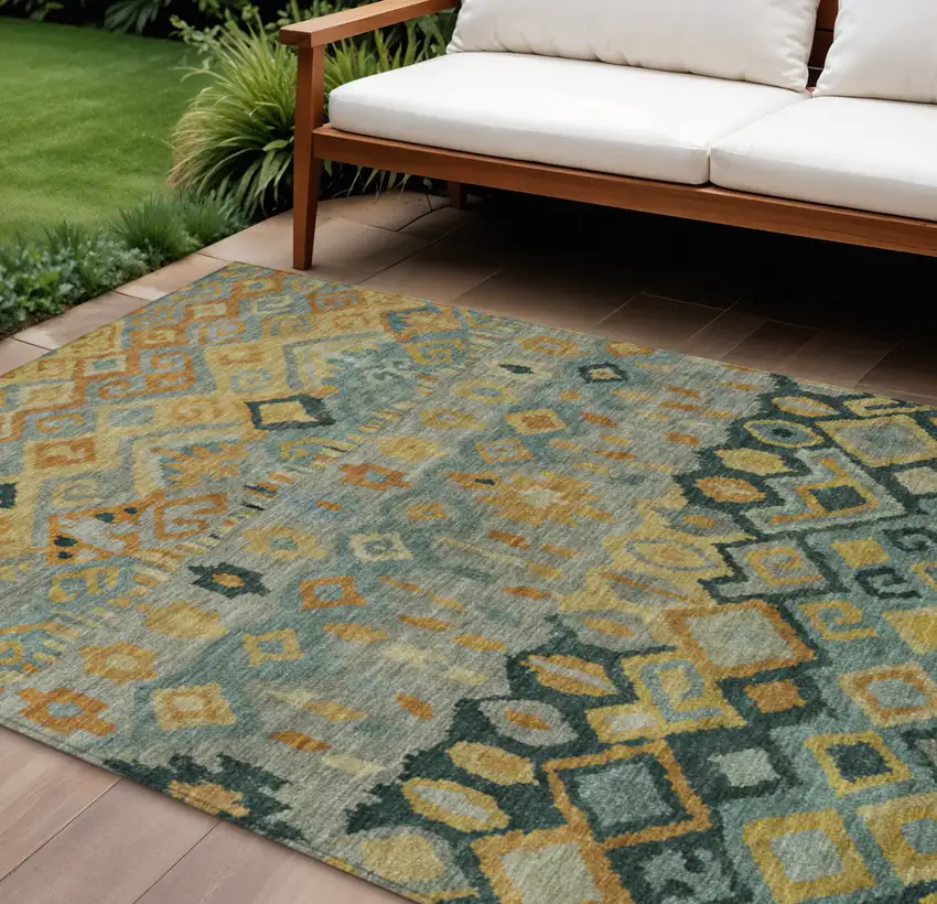 Green Gold And Copper Geometric Washable Indoor Outdoor Area Rug Photo 1