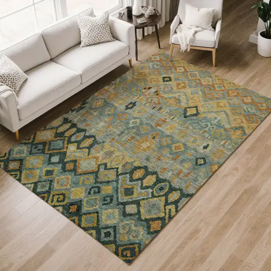 Green Gold And Copper Geometric Washable Indoor Outdoor Area Rug Photo 8