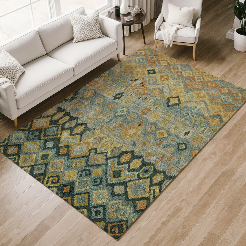 Green Gold And Copper Geometric Washable Indoor Outdoor Area Rug Photo 8