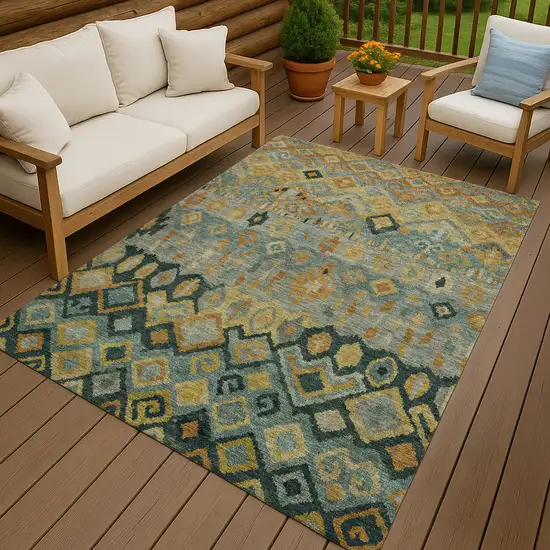 Green Gold And Copper Geometric Washable Indoor Outdoor Area Rug Photo 9