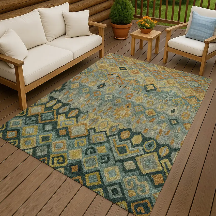 Green Gold And Copper Geometric Washable Indoor Outdoor Area Rug Photo 9