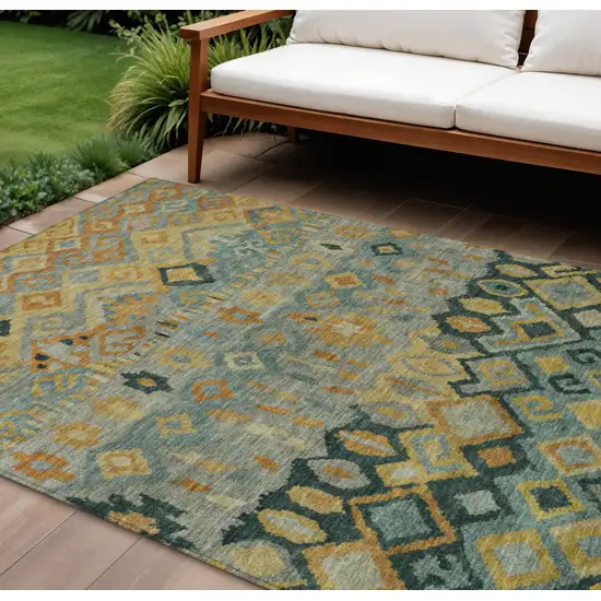 Green Gold And Copper Geometric Washable Indoor Outdoor Area Rug Photo 1