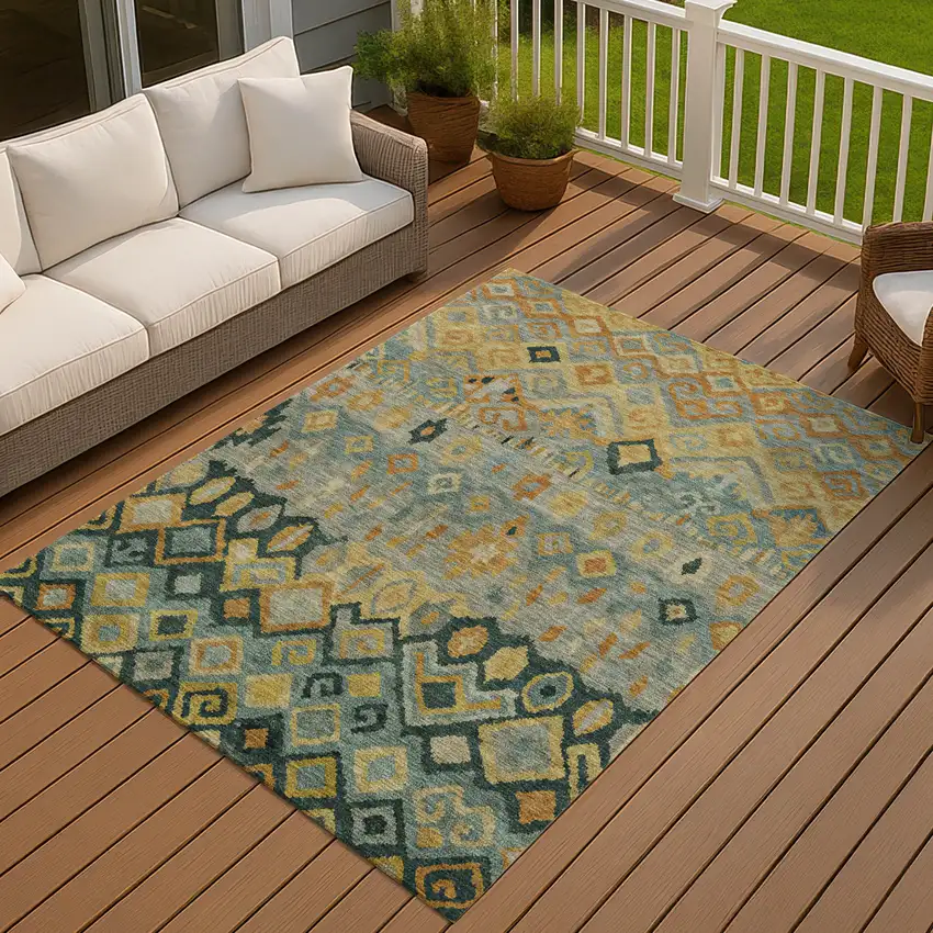 Green Gold And Copper Geometric Washable Indoor Outdoor Area Rug Photo 9