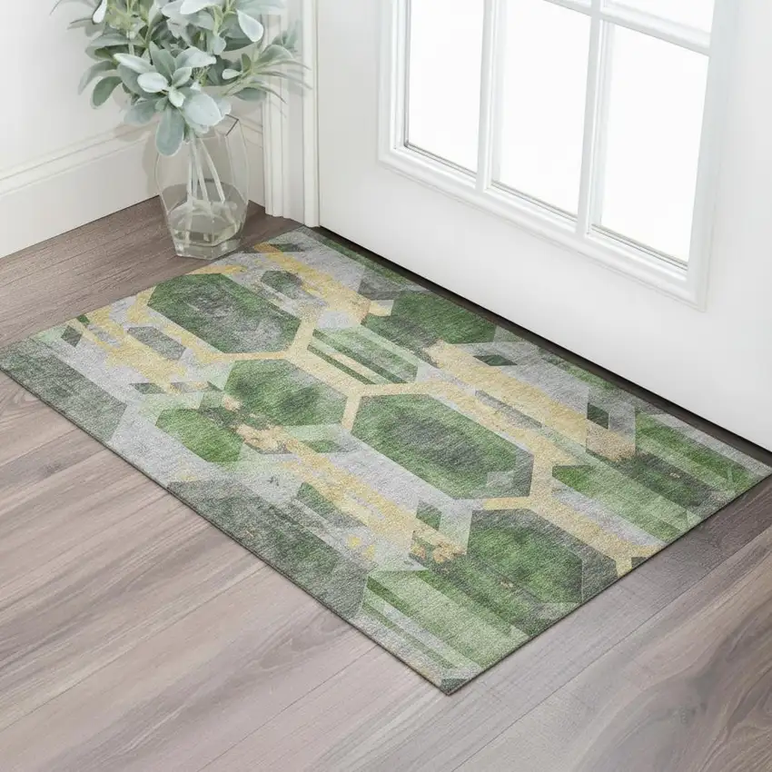 Green Gold And Gray Geometric Washable Area Rug With UV Protection Photo 2