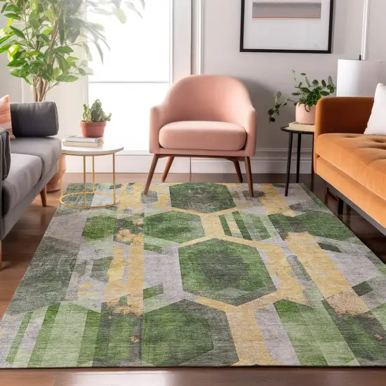 Green Gold And Gray Geometric Washable Area Rug With UV Protection Photo 5