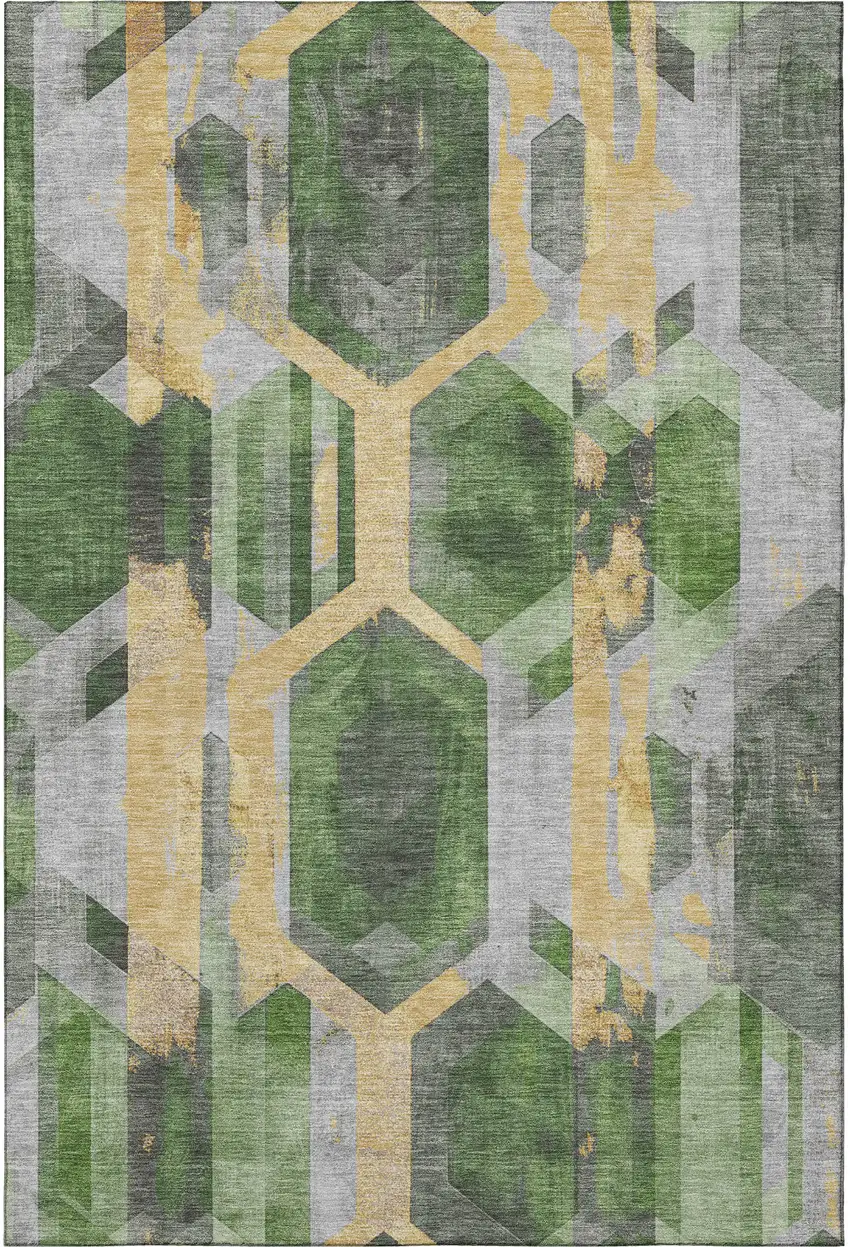 Green Gold And Gray Geometric Washable Area Rug With UV Protection Photo 3
