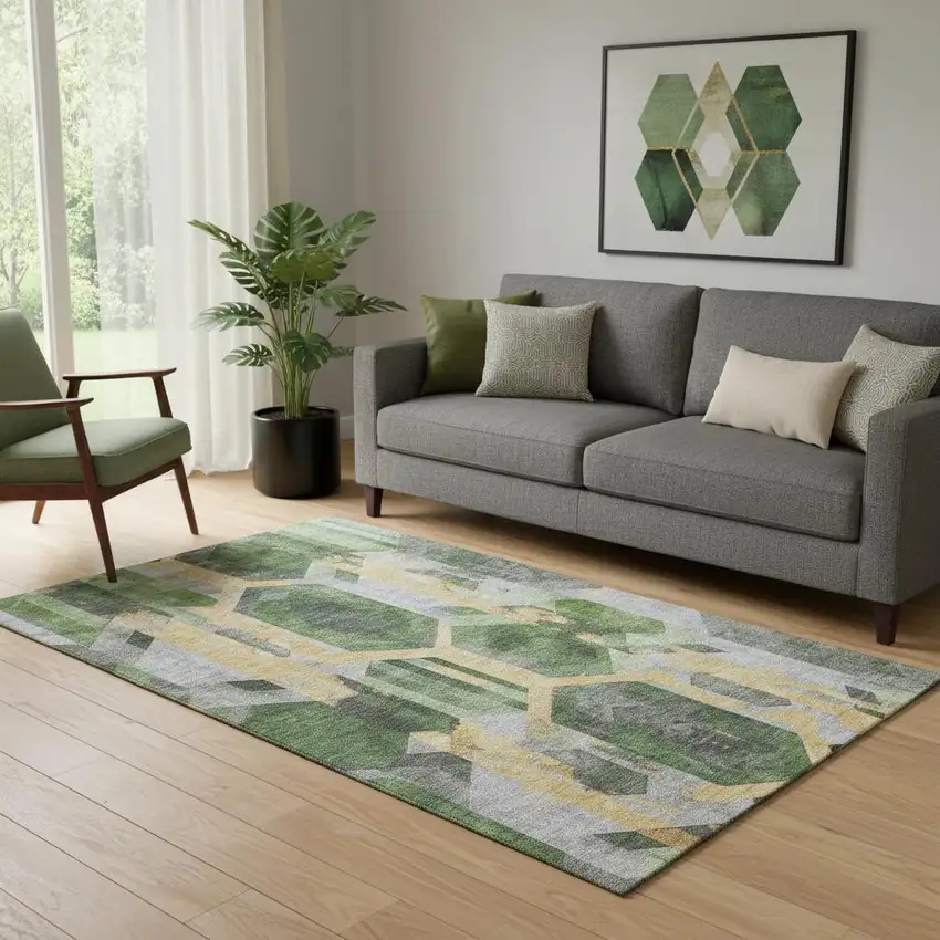 Green Gold And Gray Geometric Washable Area Rug With UV Protection Photo 2