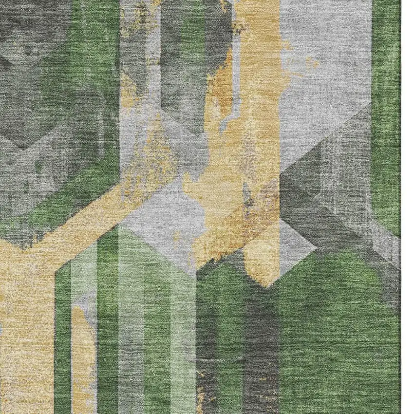 Green Gold And Gray Geometric Washable Area Rug With UV Protection Photo 2