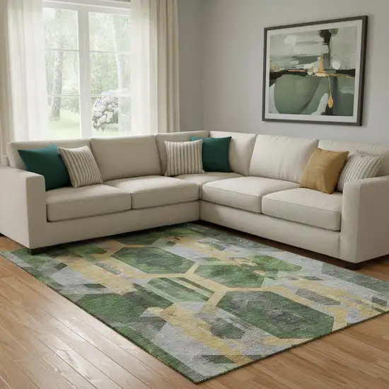 Green Gold And Gray Geometric Washable Area Rug With UV Protection Photo 2