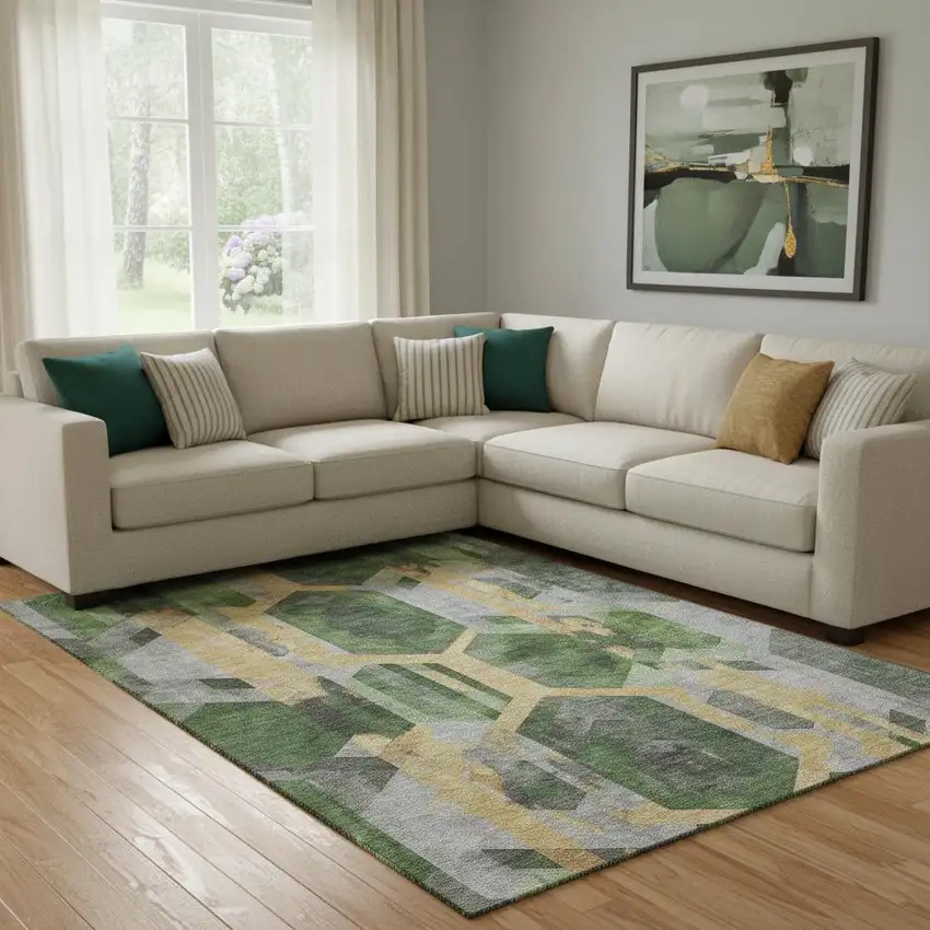 Green Gold And Gray Geometric Washable Area Rug With UV Protection Photo 2