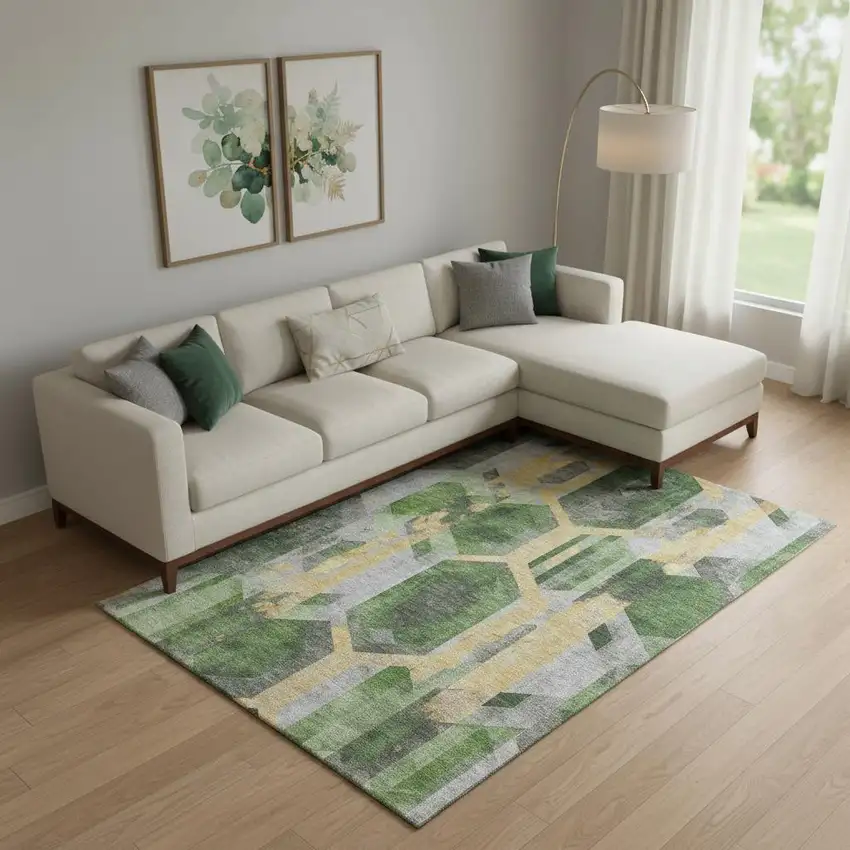 Green Gold And Gray Geometric Washable Area Rug With UV Protection Photo 2