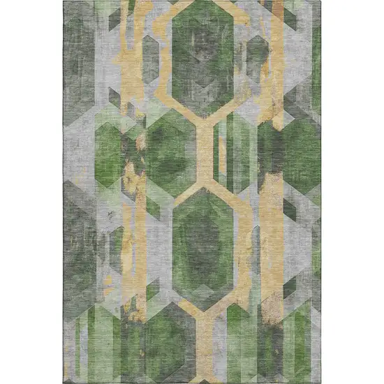 Green Gold And Gray Geometric Washable Area Rug With UV Protection Photo 1