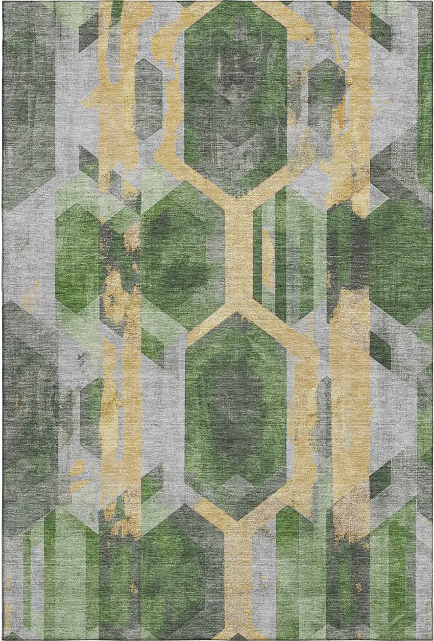 Green Gold And Gray Geometric Washable Area Rug With UV Protection Photo 1