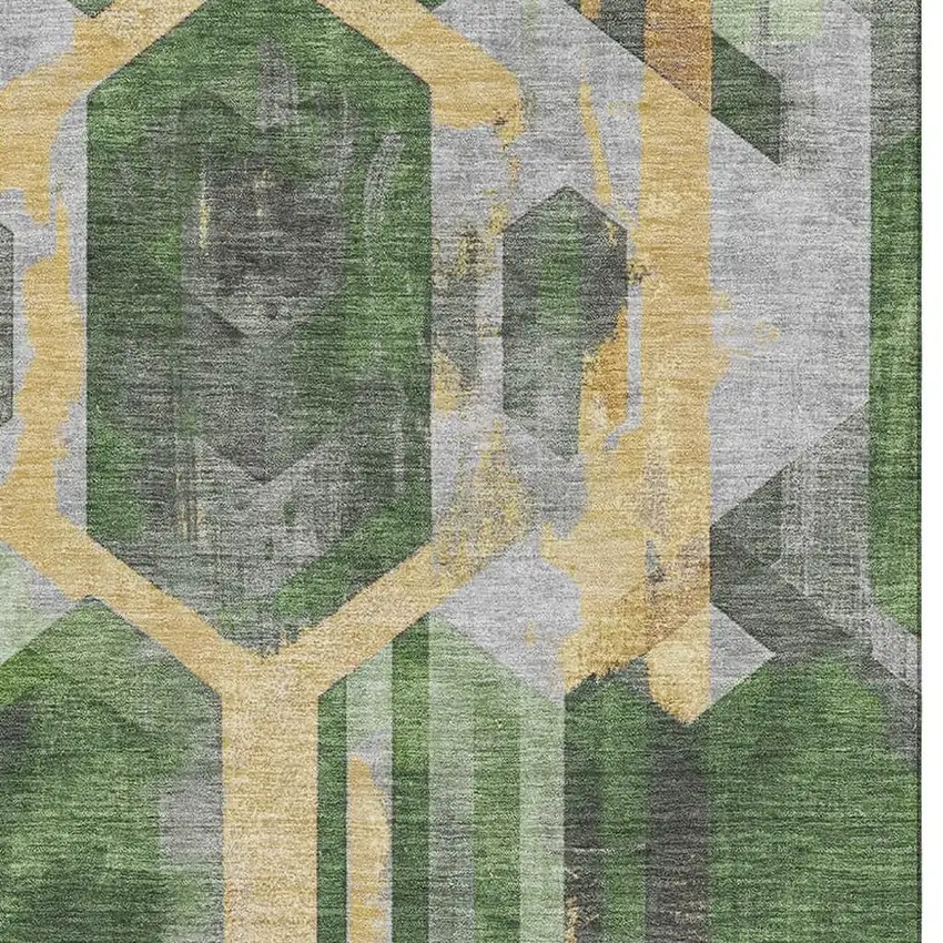Green Gold And Gray Geometric Washable Area Rug With UV Protection Photo 2