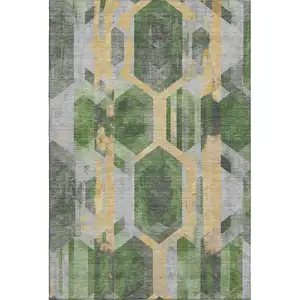 Photo of Green Gold And Gray Geometric Washable Area Rug With UV Protection