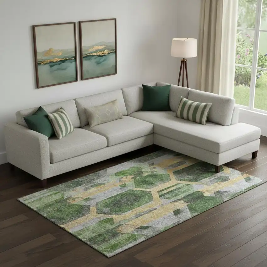 Green Gold And Gray Geometric Washable Area Rug With UV Protection Photo 2