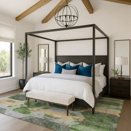 Green Gold And Gray Geometric Washable Area Rug With UV Protection Photo 4