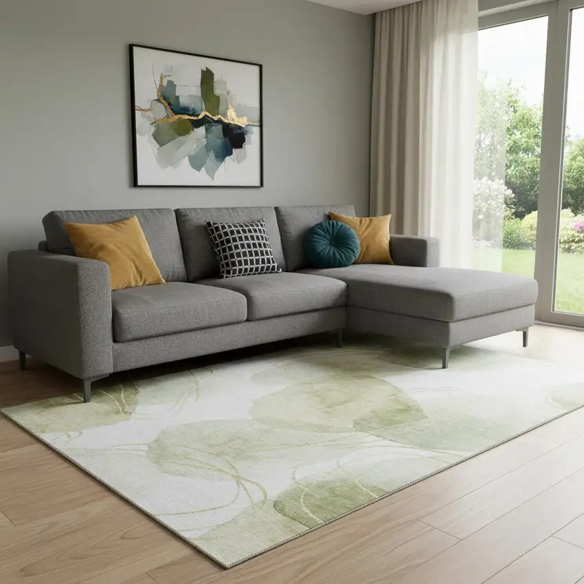 Green Gold And Ivory Abstract Washable Area Rug With UV Protection Photo 1