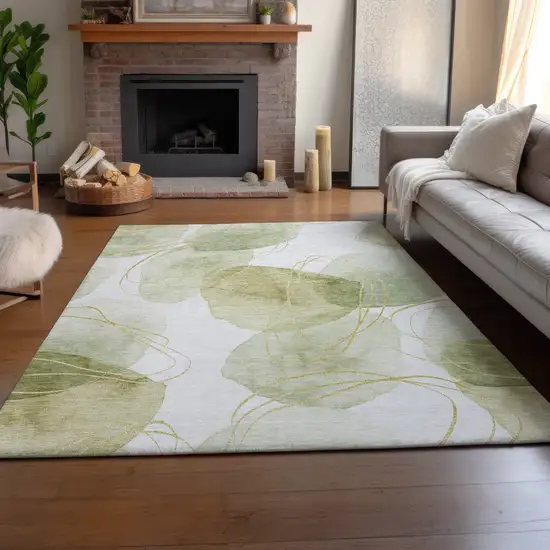 Green Gold And Ivory Abstract Washable Area Rug With UV Protection Photo 6
