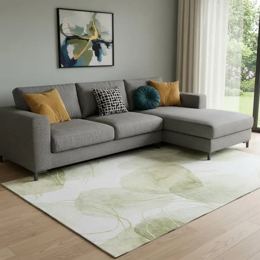 Green Gold And Ivory Abstract Washable Area Rug With UV Protection Photo 1