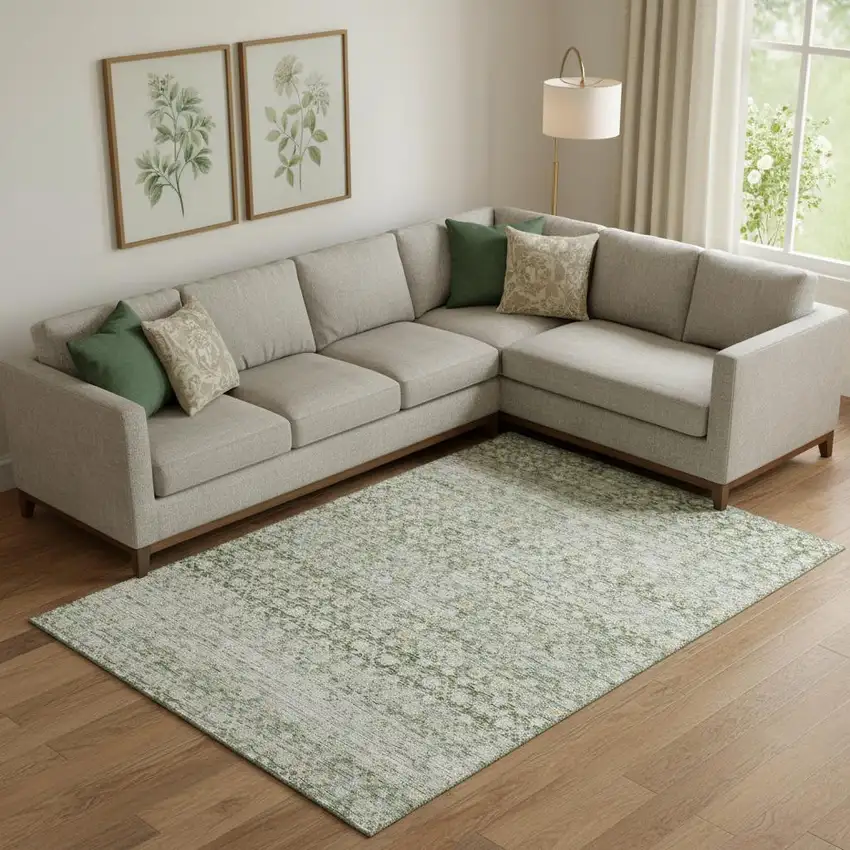 Green Gold And Ivory Striped Washable Area Rug With UV Protection Photo 2