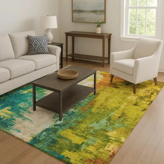 Green Gold And Orange Abstract Washable Area Rug With UV Protection Photo 6