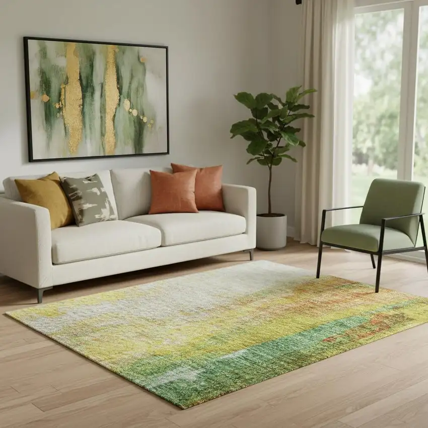 Green Gold And Orange Abstract Washable Area Rug With UV Protection Photo 2