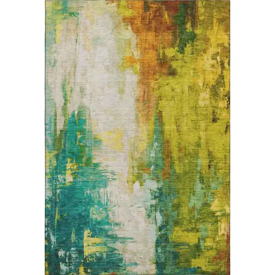 Green Gold And Orange Abstract Washable Area Rug With UV Protection Photo 7