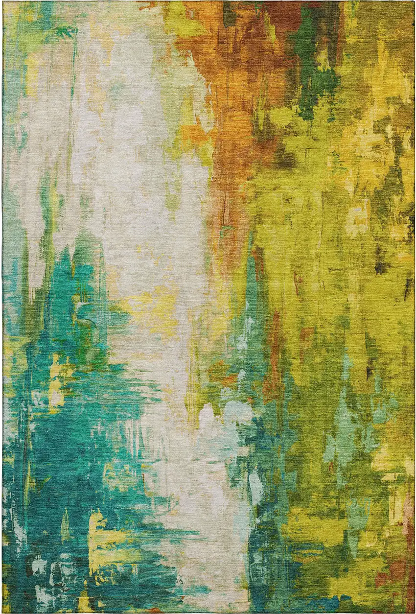 Green Gold And Orange Abstract Washable Area Rug With UV Protection Photo 6