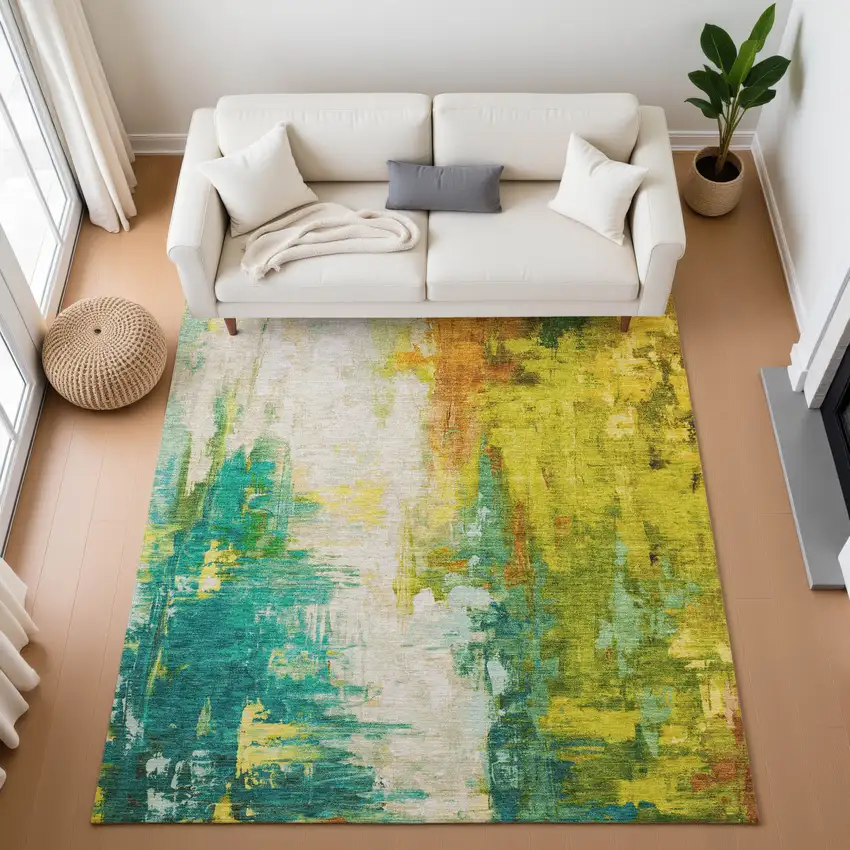 Green Gold And Orange Abstract Washable Area Rug With UV Protection Photo 4