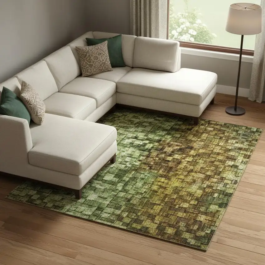 Green Gold And Orange Abstract Washable Area Rug With UV Protection Photo 1