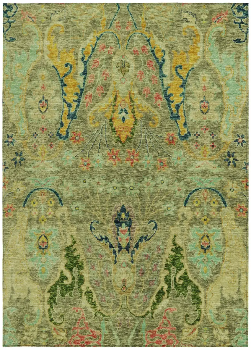 Green Gold And Pink Floral Washable Indoor Outdoor Area Rug Photo 3