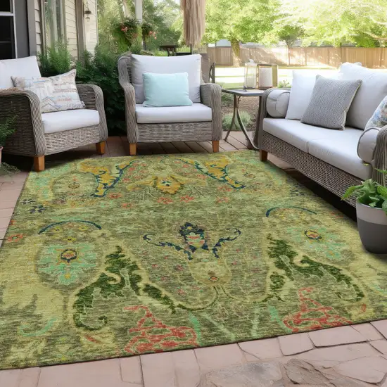 Green Gold And Pink Floral Washable Indoor Outdoor Area Rug Photo 5
