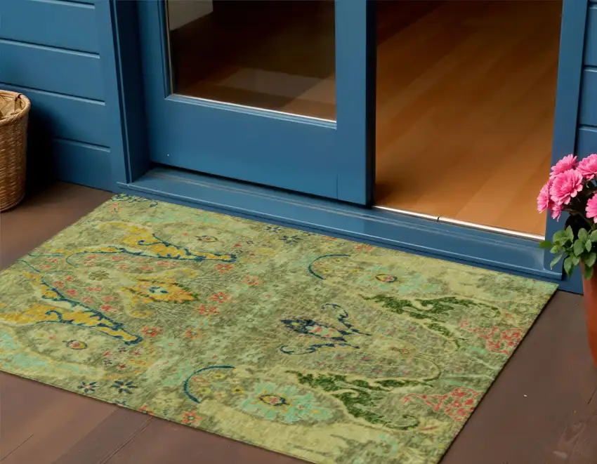 Green Gold And Pink Floral Washable Indoor Outdoor Area Rug Photo 2