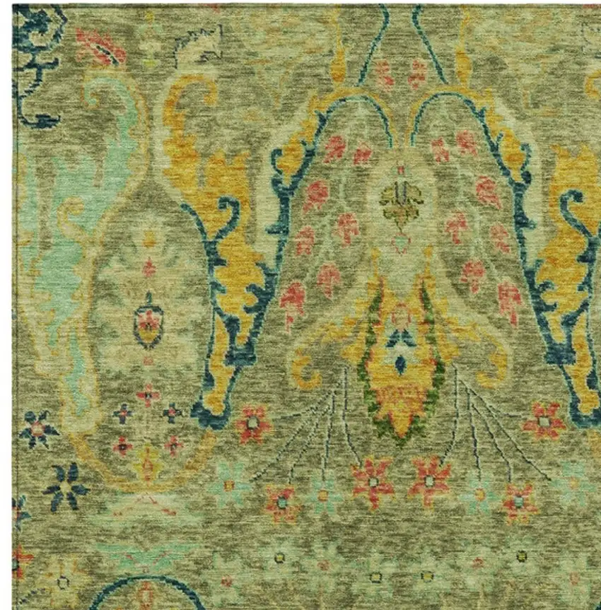 Green Gold And Pink Floral Washable Indoor Outdoor Area Rug Photo 4