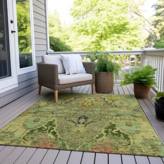 Green Gold And Pink Floral Washable Indoor Outdoor Area Rug Photo 8