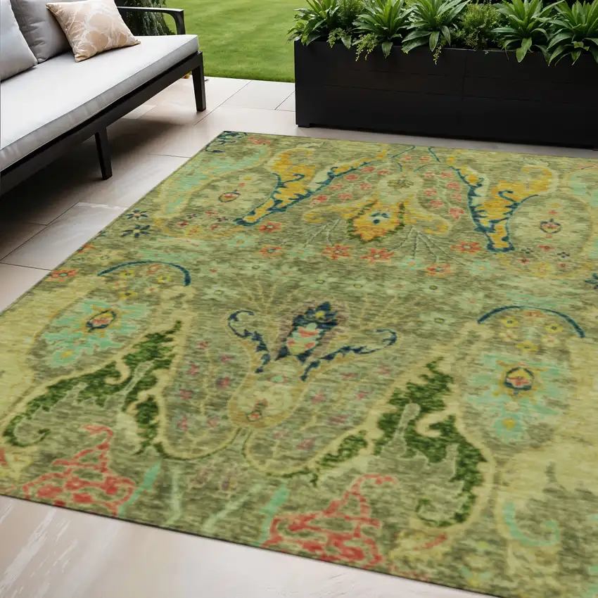 Green Gold And Pink Floral Washable Indoor Outdoor Area Rug Photo 2