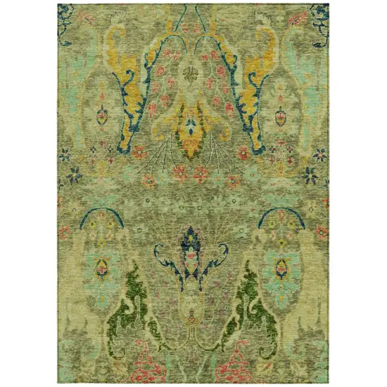 Green Gold And Pink Floral Washable Indoor Outdoor Area Rug Photo 3