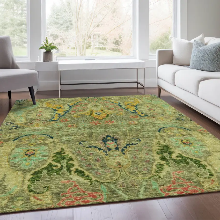 Green Gold And Pink Floral Washable Indoor Outdoor Area Rug Photo 7