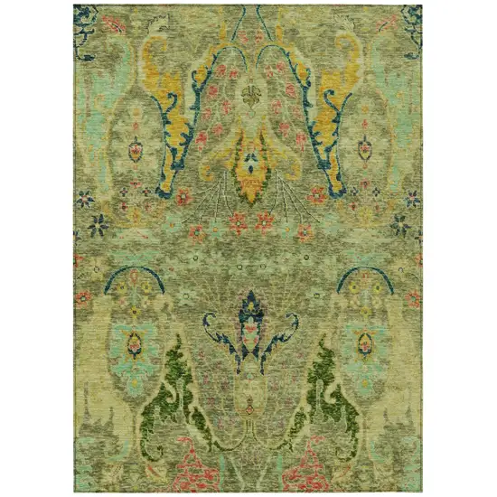 Green Gold And Pink Floral Washable Indoor Outdoor Area Rug Photo 1