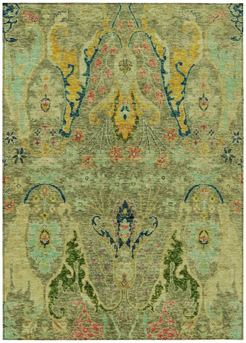 Green Gold And Pink Floral Washable Indoor Outdoor Area Rug Photo 1