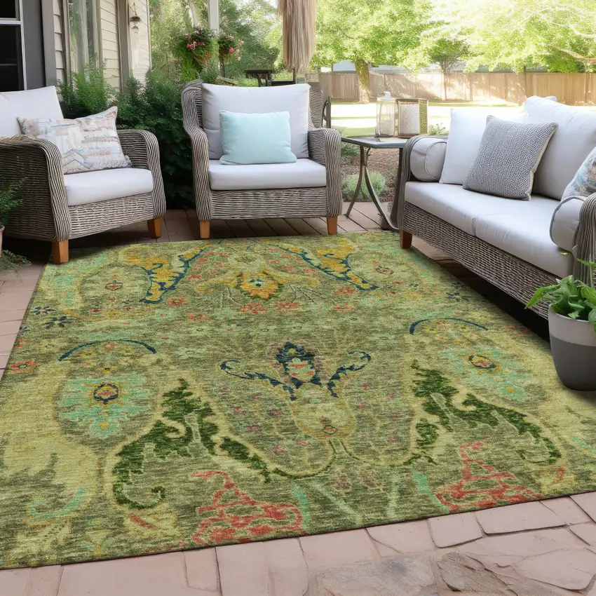Green Gold And Pink Floral Washable Indoor Outdoor Area Rug Photo 5