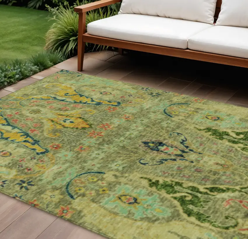 Green Gold And Pink Floral Washable Indoor Outdoor Area Rug Photo 2